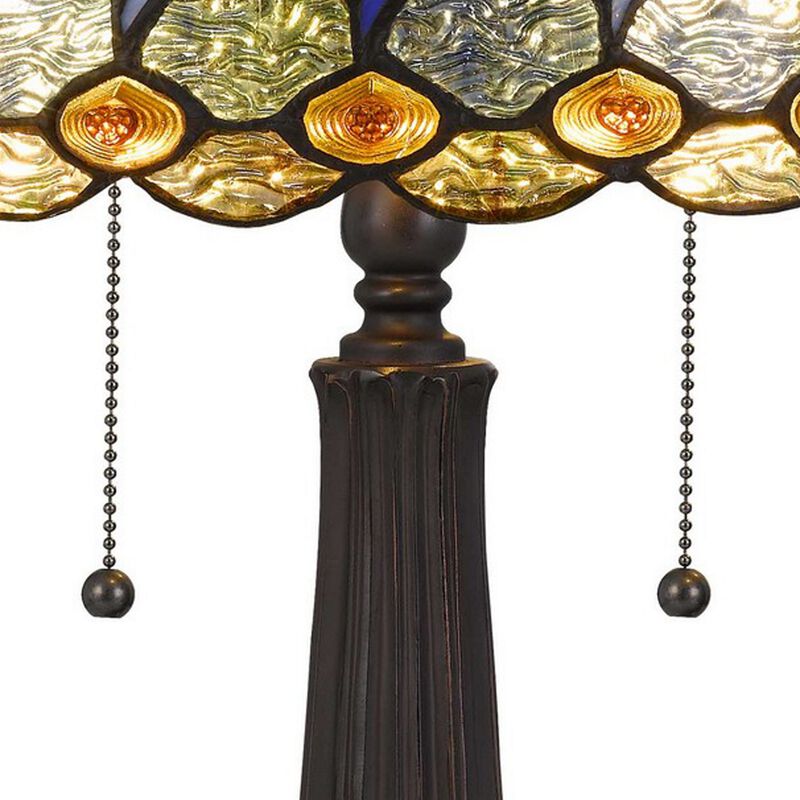 120 Watt Tiffany Table Lamp with Engraved Base, Multicolor-Benzara
