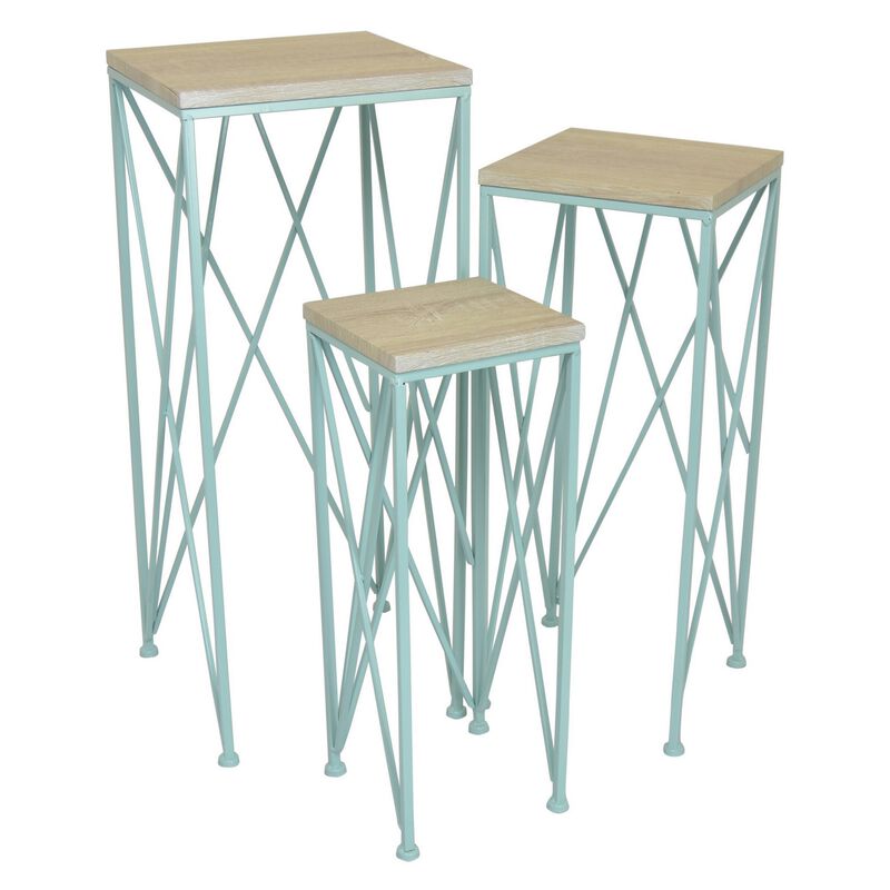 Mito 3pc Nesting Plant Stand Table, Brown Wood Top, X Cross Blue Metal - Benzara
