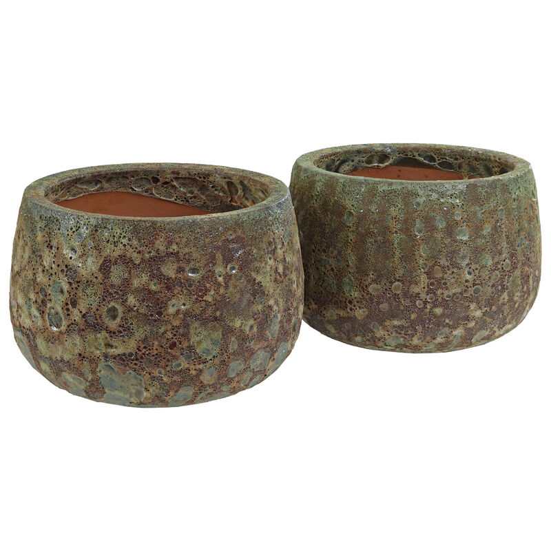 Sunnydaze 10" Lava Finish Planter - Green Distressed Ceramic - 2-Pack