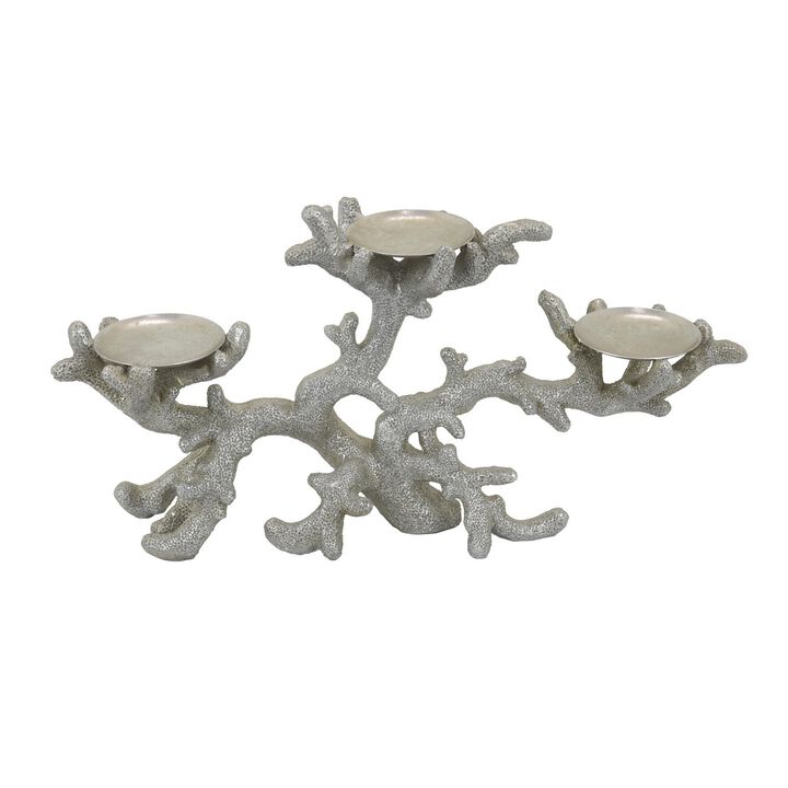 Coral Decor with 3 Round Candle Holders, Natural Silver Resin, 21 Inch - Benzara