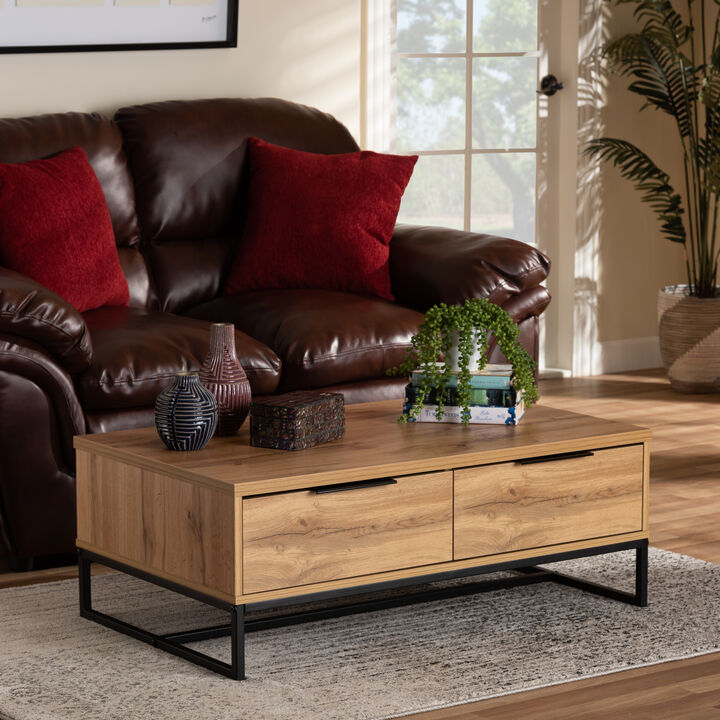 Baxton Studio Franklin Oak Brown Finished Wood And Black Finished Metal 2 Drawer Coffee Table