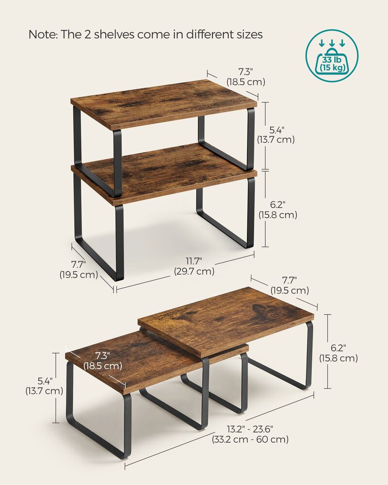 Expandable and Stackable Cabinet Shelf Organizer – Metal and Bamboo Kitchen Counter Shelves, Set of 2