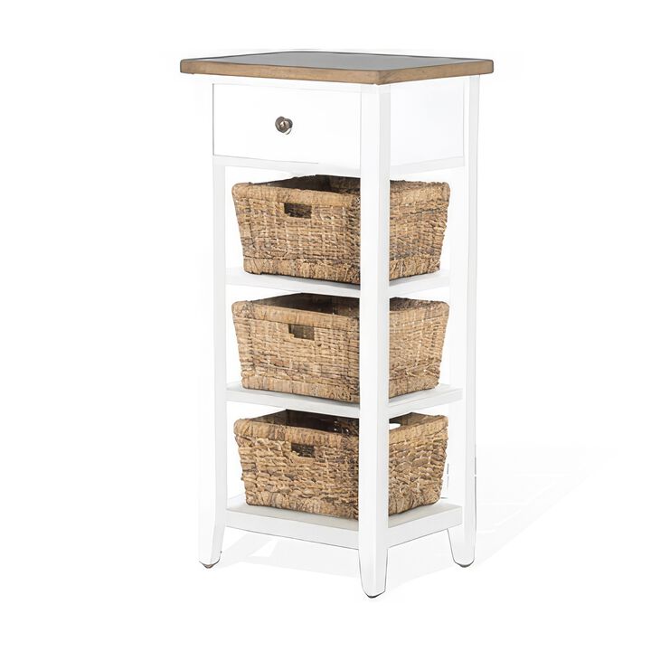 Livy Storage Rack End Table with 3 Natural Brown Rattan Baskets, White - Benzara