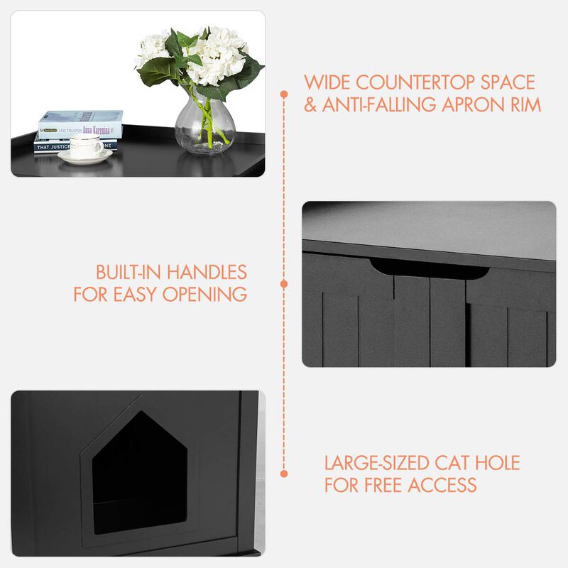 Cat Litter Box Enclosure with Double Doors for Large Cat and Kitty-Black