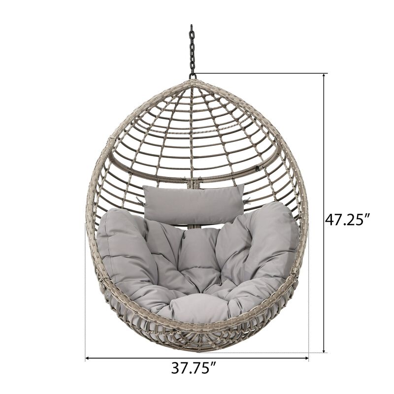 Jaya Outdoor Hanging Chair, Basket Shape, Gray Rattan, Steel, 47 Inch - Benzara