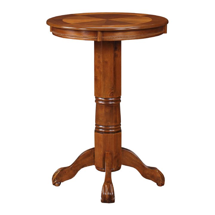Ava 42 Inch Wood Pub Bar Table, Sunburst Design, Carved Pedestal, Walnut-Benzara