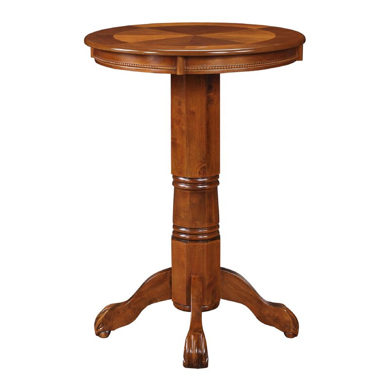 Ava 42 Inch Wood Pub Bar Table, Sunburst Design, Carved Pedestal, Walnut-Benzara