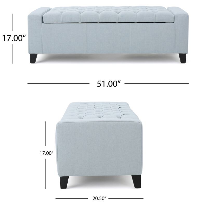 Liani Storage Ottoman Bench, Light Blue Fabric, Tufted Top, 51 Inch -Benzara