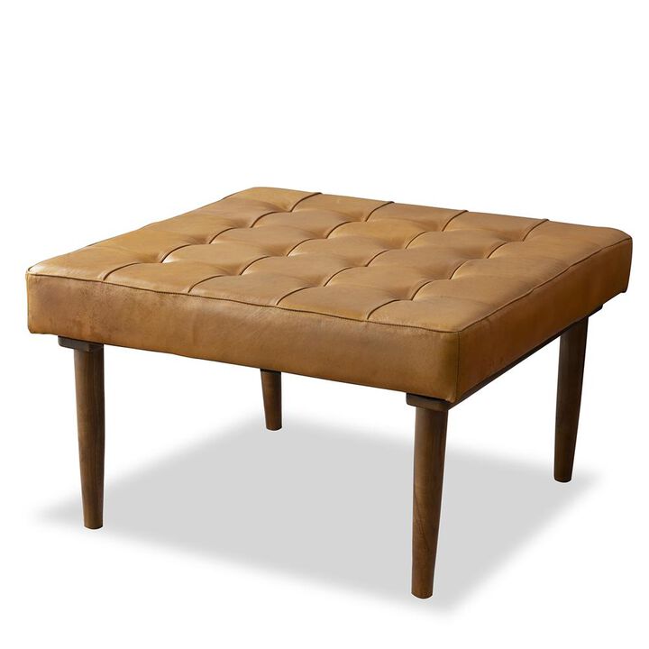 Ashcroft Furniture Co Mark Mid-Century Tufted Square Genuine Leather Upholstered Ottoman in Tan