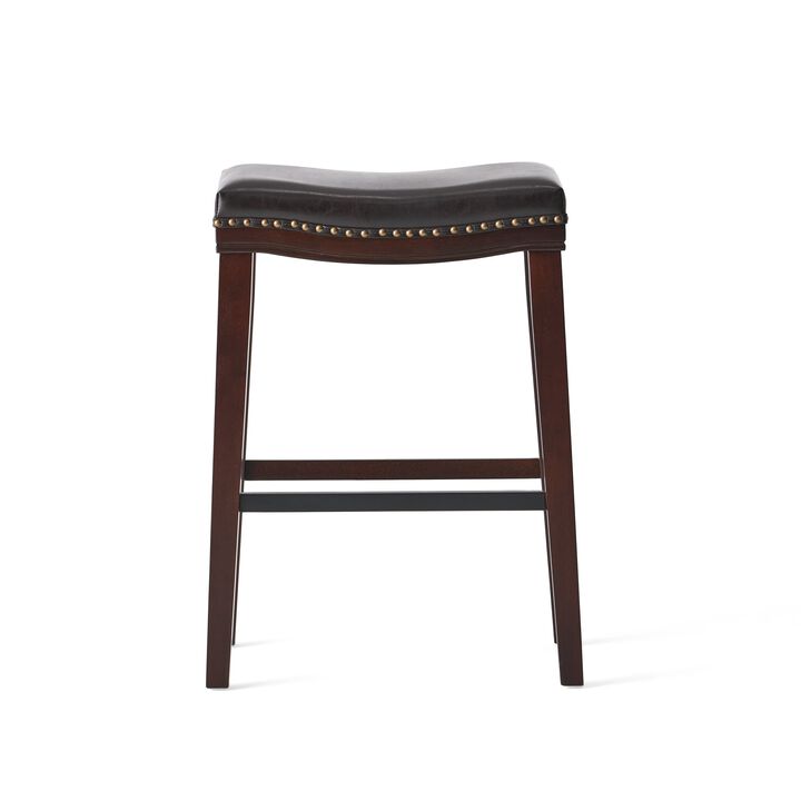 Clare Barstool Set of 2, Black Faux Leather, Nailhead Trim, Dark Brown - Benzara