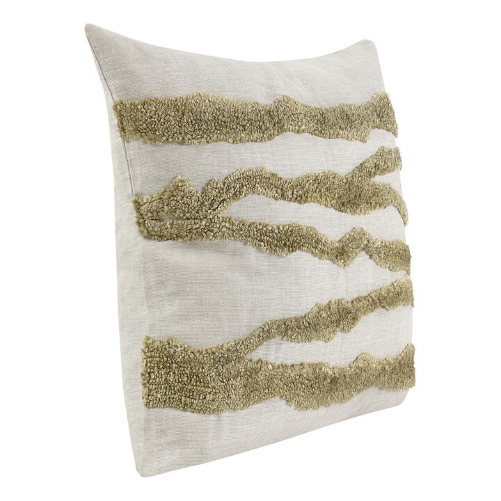 Poll Square Accent Throw Pillow, 22 Inch Green and Ivory Belgian Linen - Benzara