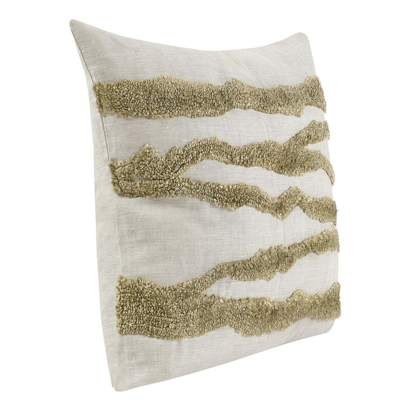 Poll Square Accent Throw Pillow, 22 Inch Green and Ivory Belgian Linen - Benzara
