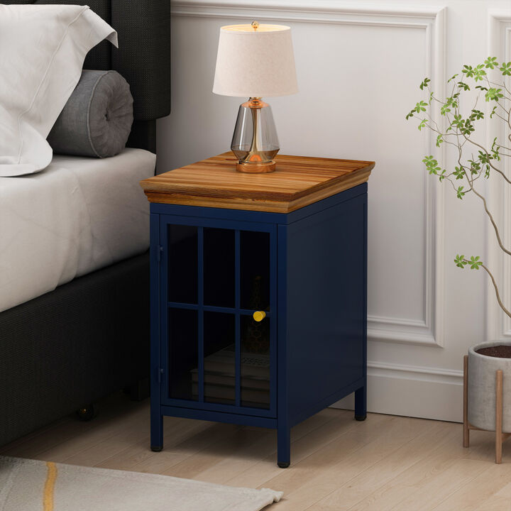 Solid Wood Nightstand with Storage Cabinet in Dark Blue