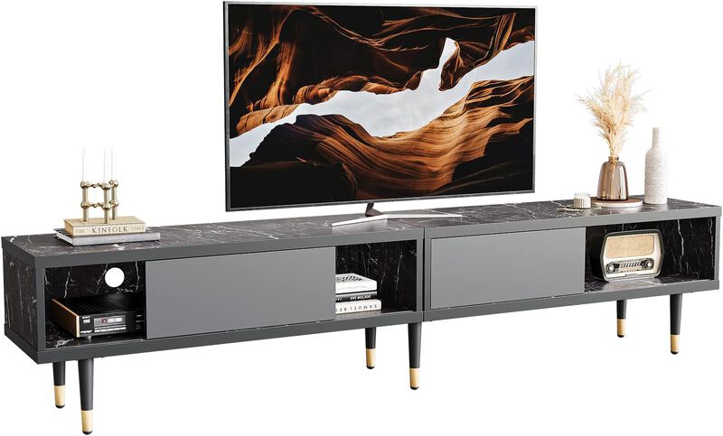 2 in 1 Long TV Cabinet for Living Room for 85 inch tv,Black Marble