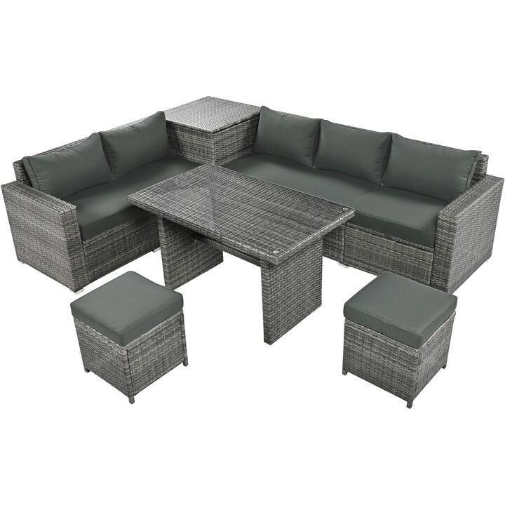 Outdoor 6-Piece All Weather PE Rattan Sofa Set, Garden Patio Wicker Sectional Furniture Set with Adjustable Seat, Storage Box, Removable Covers and Tempered Glass Top Table,Grey