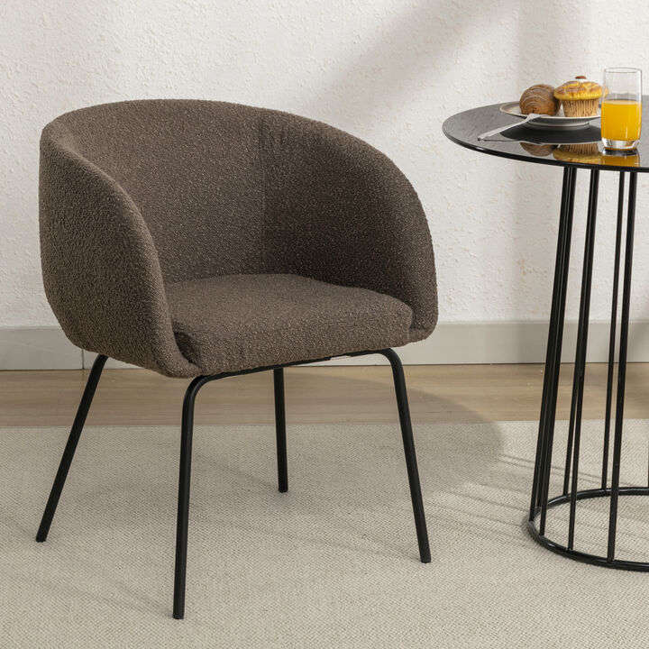 Set Of 1 Boucle Fabric Dining Chair With Black Metal Legs, Dark Brown