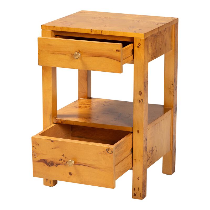 bali & pari Azmi Modern and Contemporary Natural Light Mappa Burl Wood 2 Drawer Nightstand