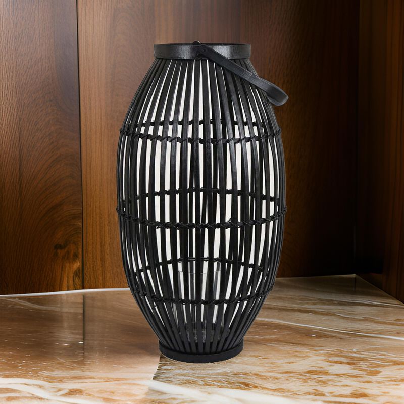 Gyna 30 Inch Modern Tabletop Lantern, Woven Cylindrical Decoration, Black - Benzara