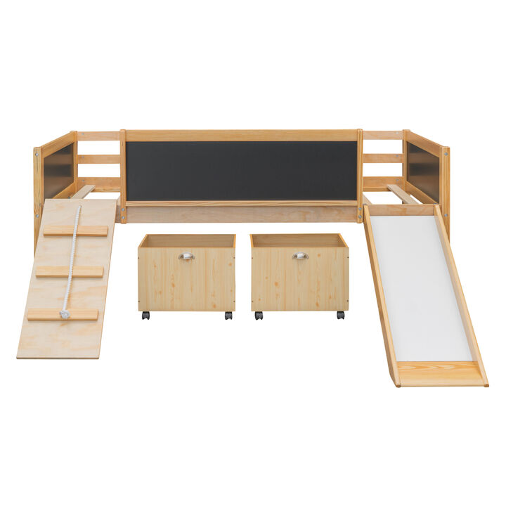 Twin size Loft Bed Wood Bed with Two Storage Boxes