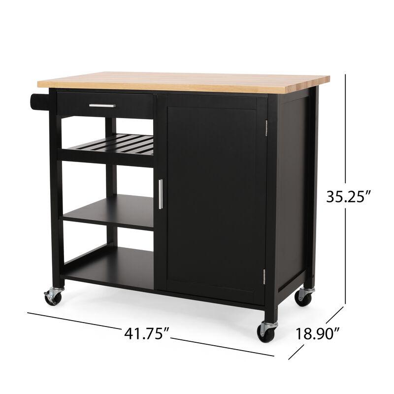 Rolling Kitchen Bar Cart, 3 Shelves, Cabinet, 42 Inch Black and Brown - Benzara