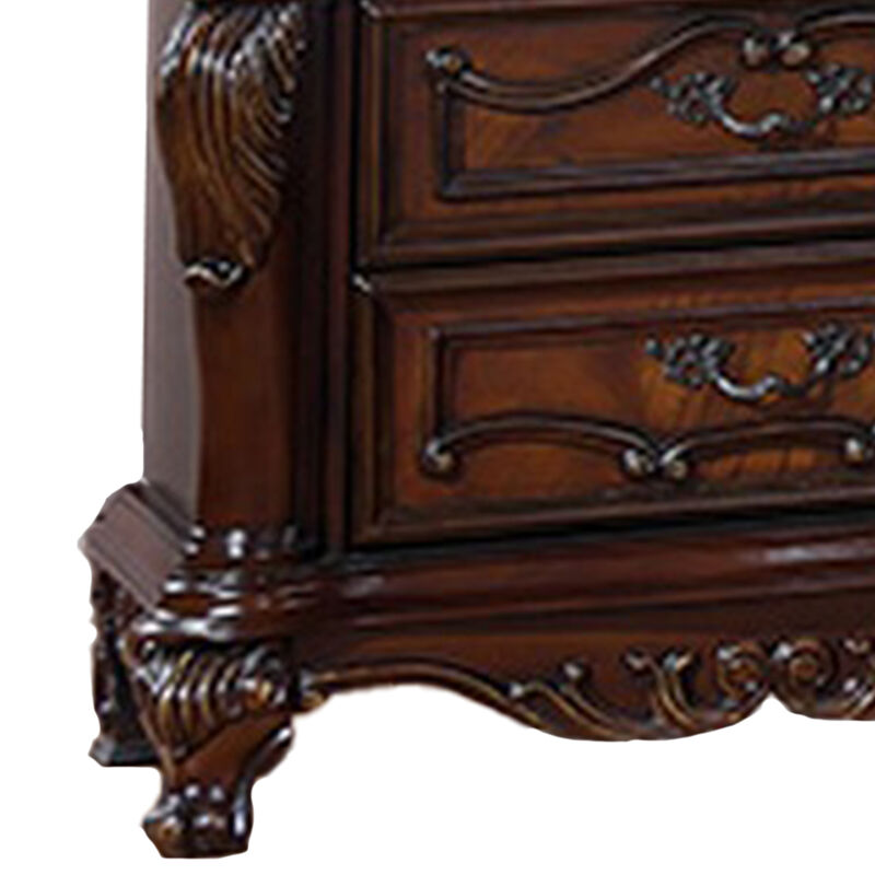 Venta Nightstand, 3 Drawers, Carved Details, Cherry Brown Solid Wood Frame