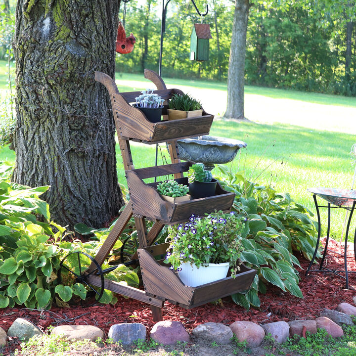 Sunnydaze 39.25 in 3-Tier Wood Rolling Planter Box with Iron Wheels - Brown