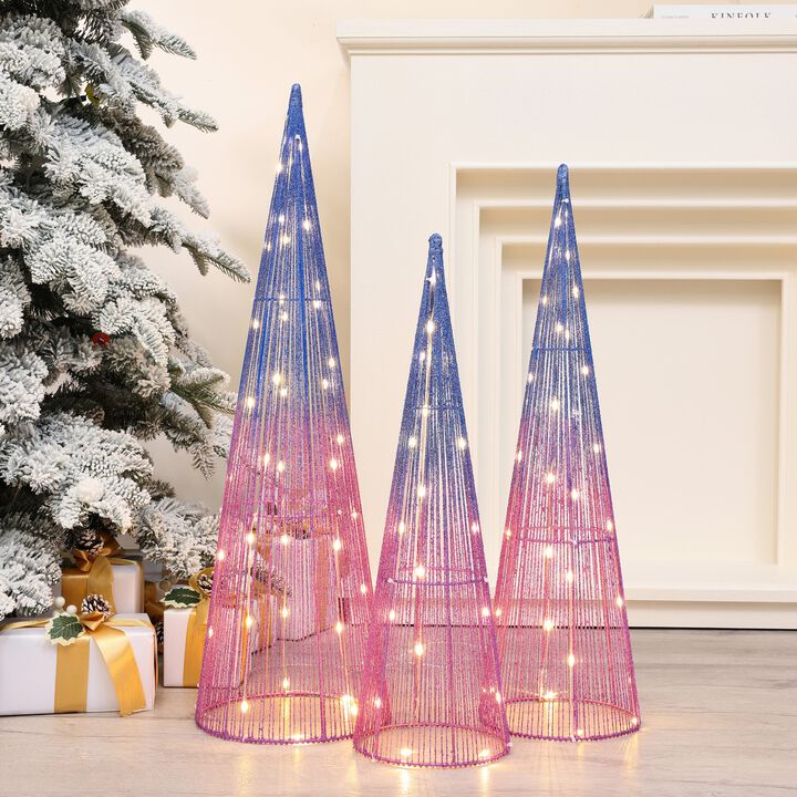 LuxenHome Set of 3 Multi-Color Lighted Trees Indoor and Outdoor Holiday Decoration