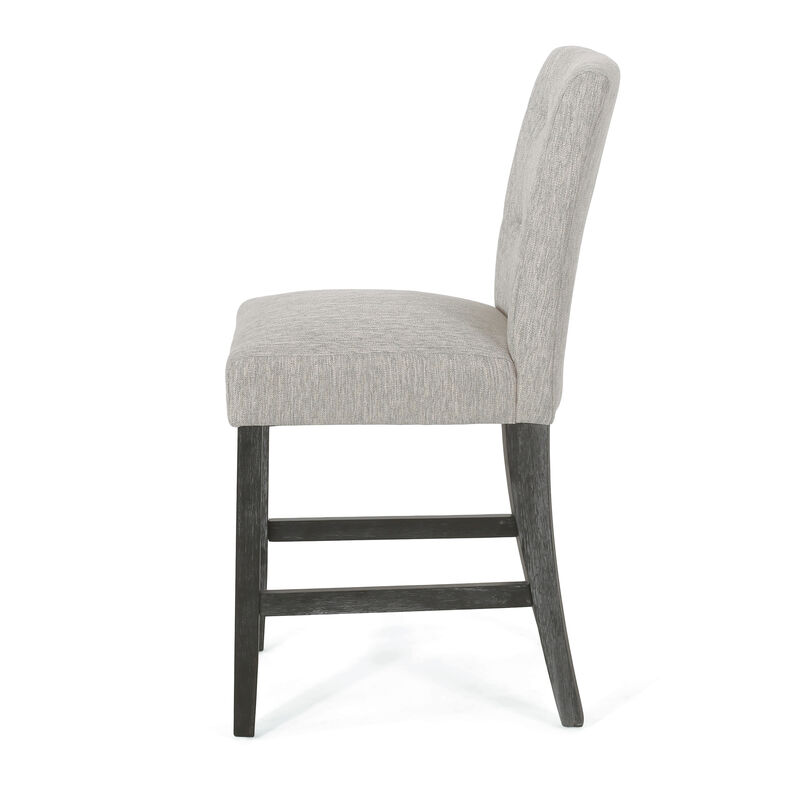 Sika Counter Height Stool Chair Set of 2, Tufted Light Gray, Charcoal Wood - Benzara