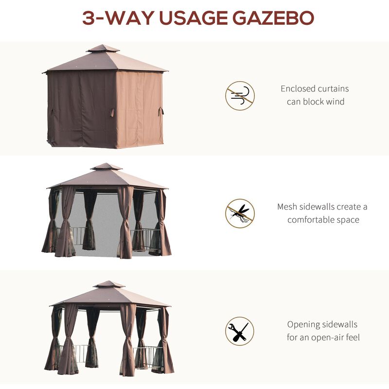 Coffee Outdoor Pavilion: 13'x13' Canopy with Curtains and Vented Roof