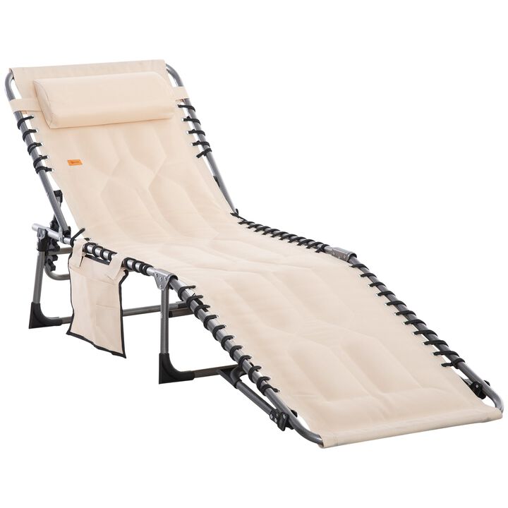 Beige Patio Recliner: Folding Padded Chair, 5-Position Backrest, Pillow, Pocket for Beach