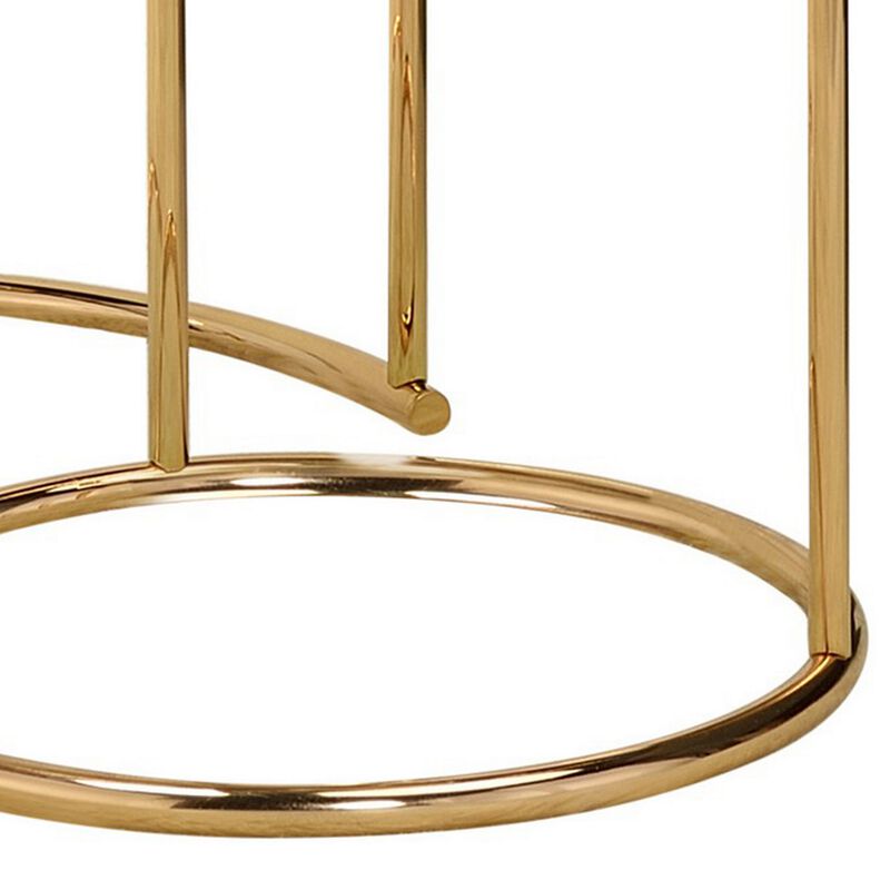 23 Inch Round Nesting Tables, Glass, Metal Base, Set of 2, Gold, Clear-Benzara