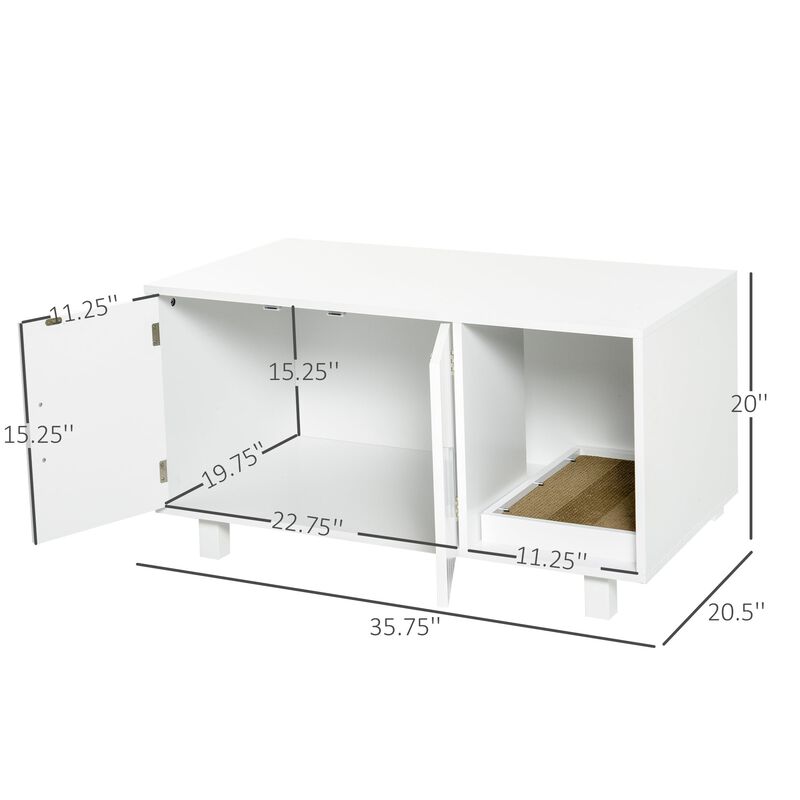 White Kitty Bathroom: Wooden Litter Box End Table with Scratcher