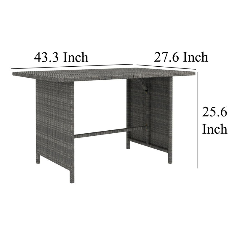 Outdoor Dining Table, 43 Inch Rectangular Top, Dark Gray Poly Rattan - Benzara