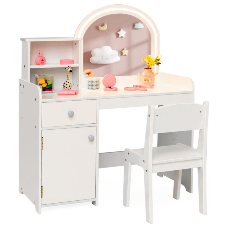 Hivvago Kids Vanity Table and Chair Set with Shelves Drawer and Cabinet-White