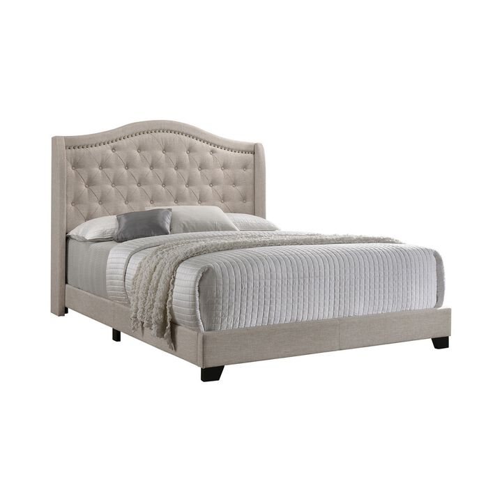 Queen Size Bed, Beige Fabric Upholstered, Camel Back, Button Tufted-Benzara
