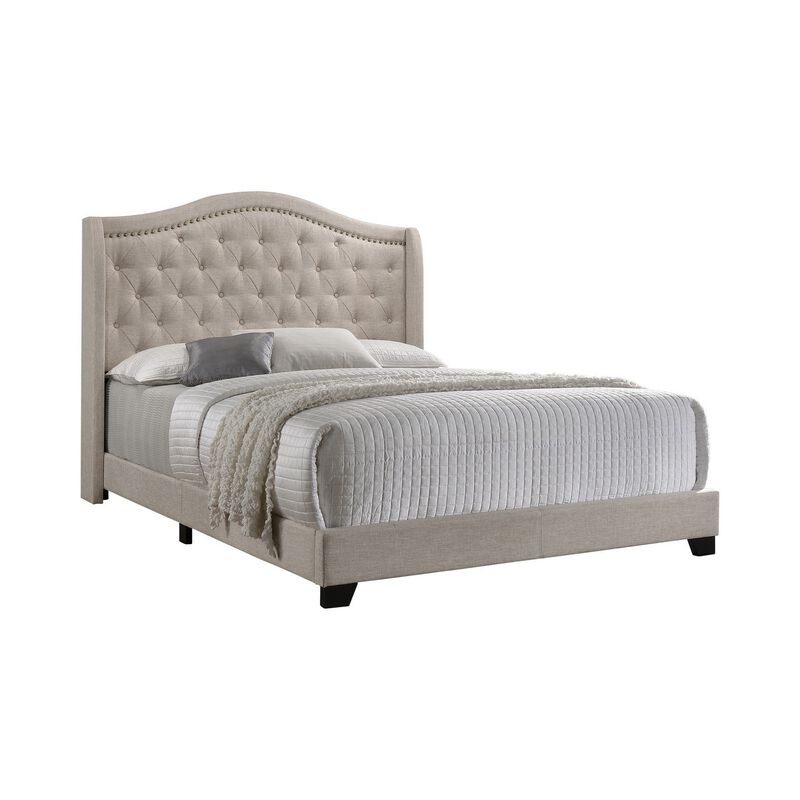 Queen Size Bed, Beige Fabric Upholstered, Camel Back, Button Tufted-Benzara