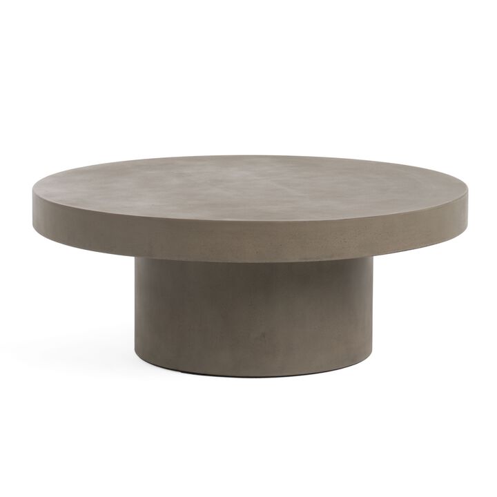 36 Inch Coffee Table, Concrete Round Top, Thick Pillar Padestal Base, Gray - Benzara