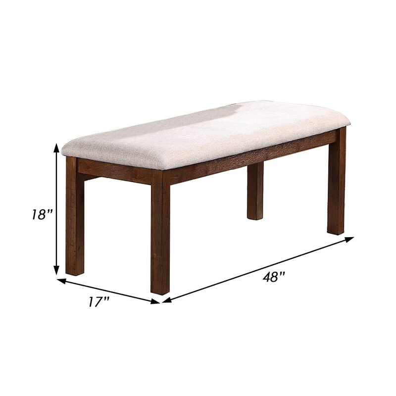 48 Inch Classic Fabric Upholstered Dining Bench, Pine Wood, Ivory and Brown-Benzara