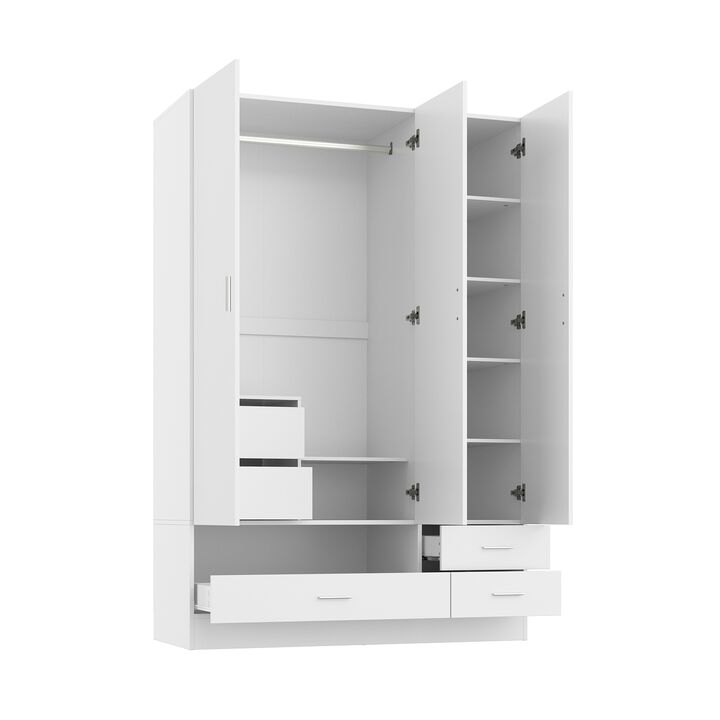 White Wood 47.2 in. W 3-Door Bedroom Armoire Wardrobe Closet Cabinet with Hanging Rod, Drawers, Shoe Rack