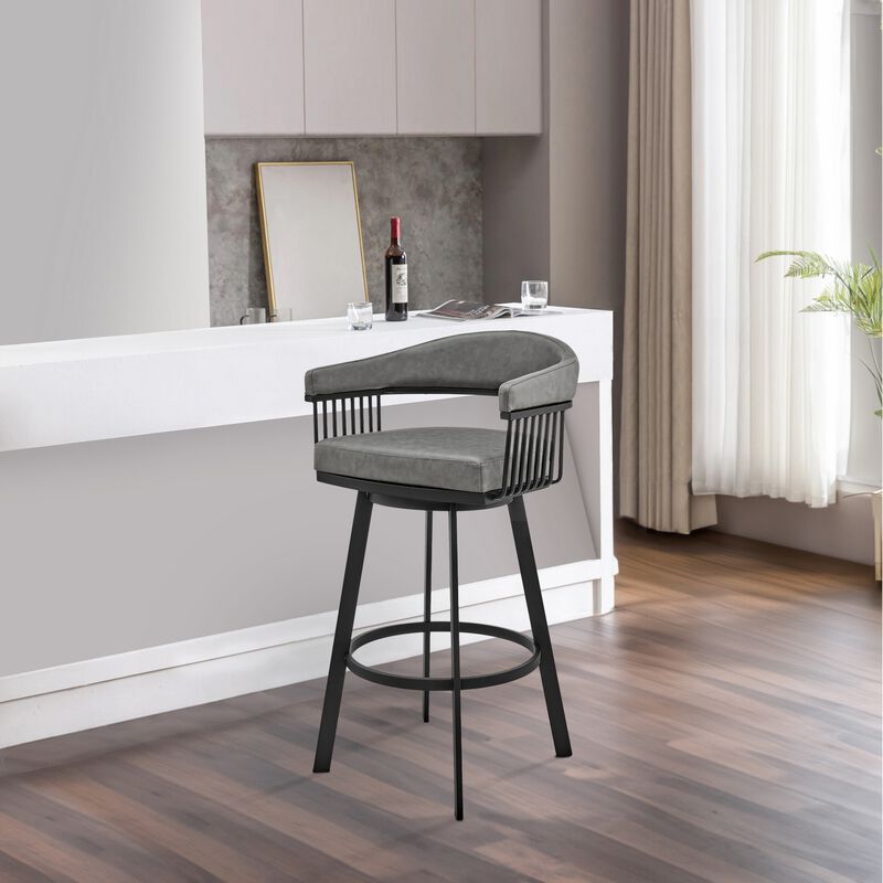 Swivel Barstool with Open Design Metal Frame and Slatted Arms, Gray and Black-Benzara