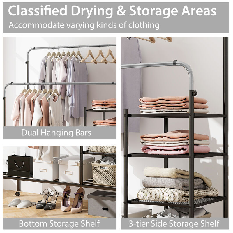 Rolling Double Rods Garment Rack with Height Adjustable Hanging Bars
