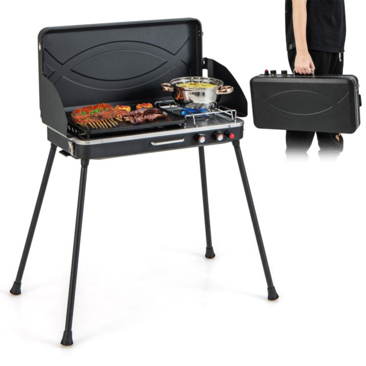 Hivvago 2-in-1 Gas Camping Grill and Stove with Detachable Legs-Black