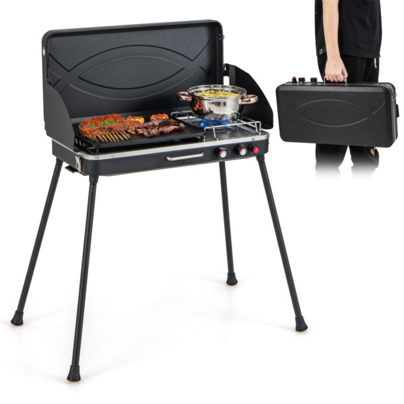 Hivvago 2-in-1 Gas Camping Grill and Stove with Detachable Legs-Black