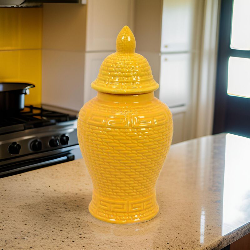 Bryan 13 Inch Ceramic Temple Jar, Geometric Print, Finial Top, Yellow - Benzara