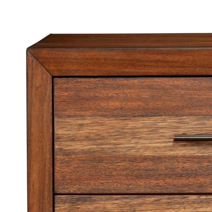 Paul 35 Inch Small Dresser Chest, 3 Drawers, Metal Bar Handles, Warm Brown-Benzara