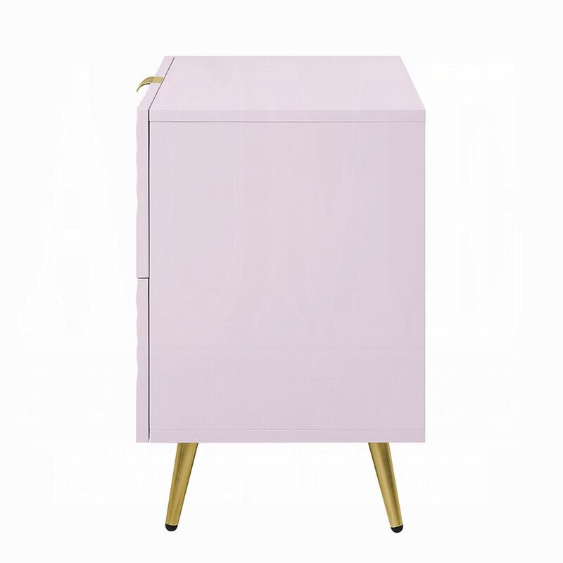 Tyra Nightstand, Geometric 2 Drawers, Gold Metal, 25 Inch Pink Wood - Benzara