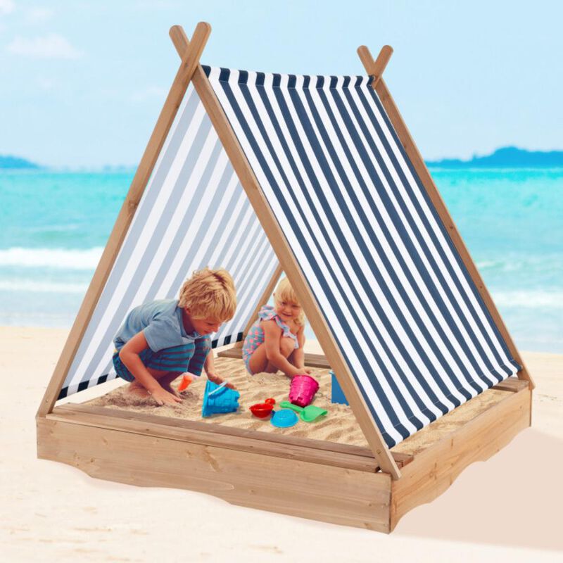 Hivvago 49 x 48 Inch Kids Wooden Sandbox with Cover and 2 Bench Seats