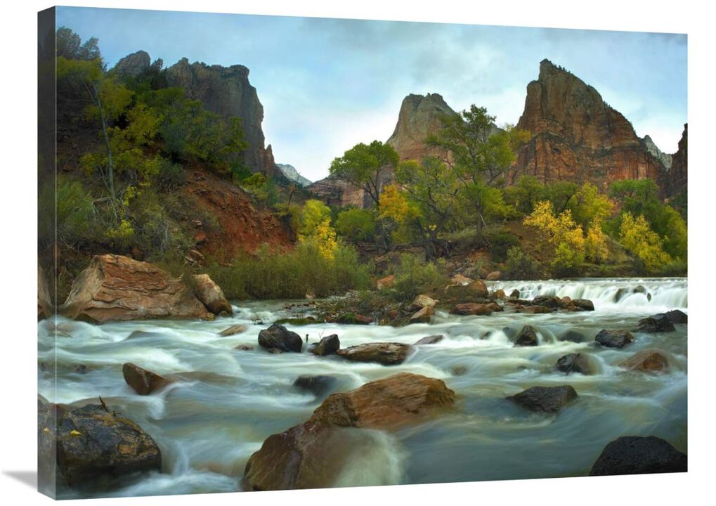 Court of the Patriarchs rising above river, Zion National Park, Utah-Canvas Art-32x24