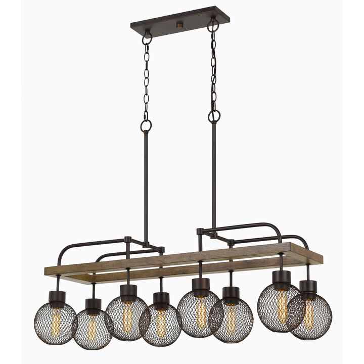 8 Bulb Chandelier with Wooden Frame and Metal Orb Shades, Brown and Black-Benzara