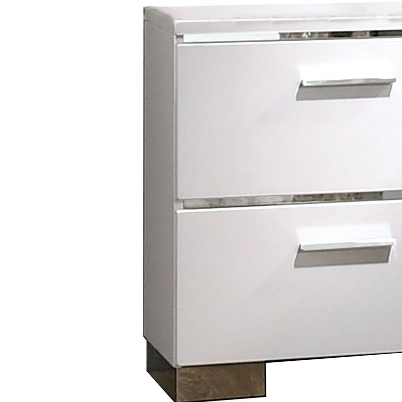 Wood and Metal Nightstand with 2 Drawers,  White and Silver-Benzara